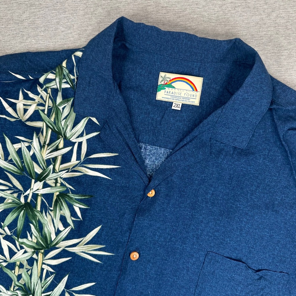 Paradise Found Aloha Shirt Mens 2XL Blue Bamboo Made in Hawaii Rayon Button Down